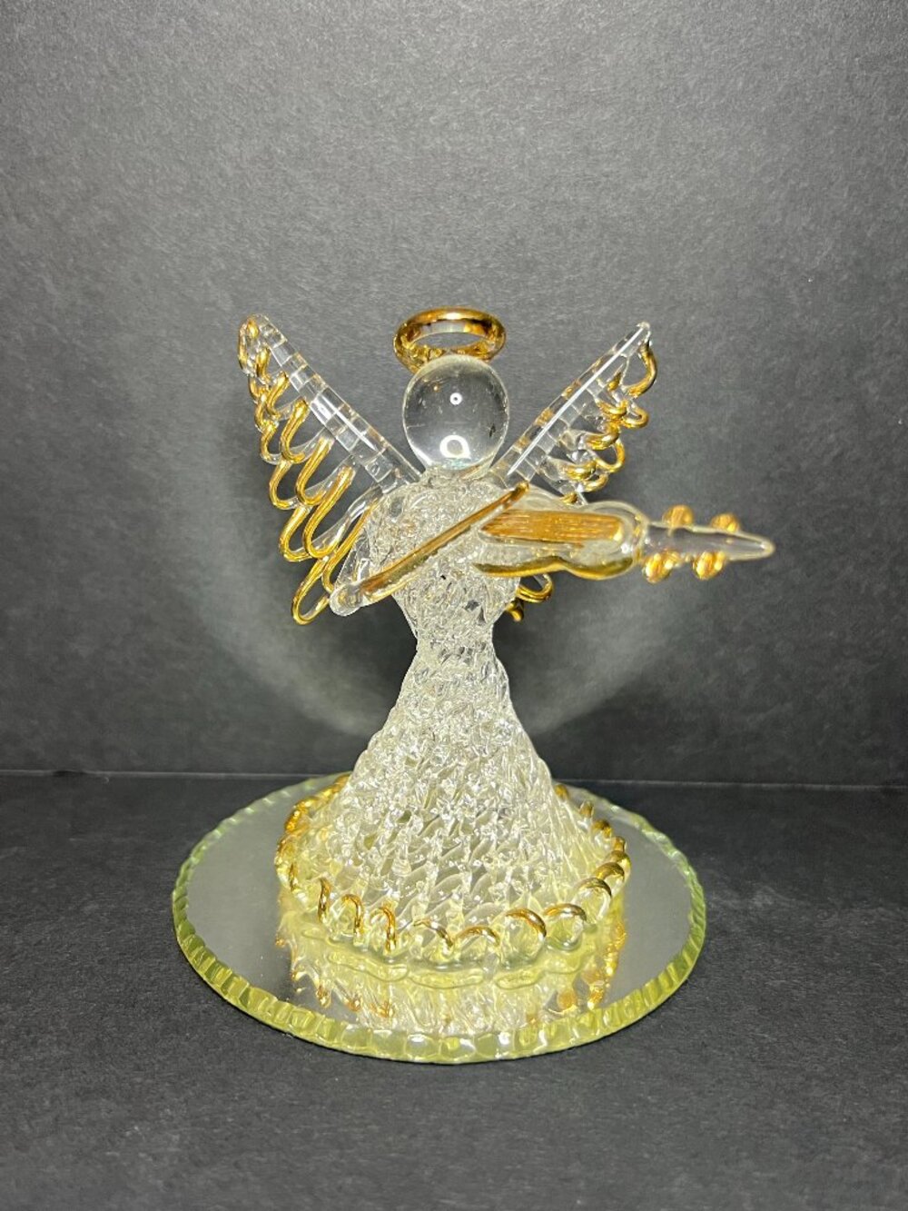 Vintage Hand Spun Blown Glass Gold Trim Angel w/ Violin on Mirrored Base 3.5"